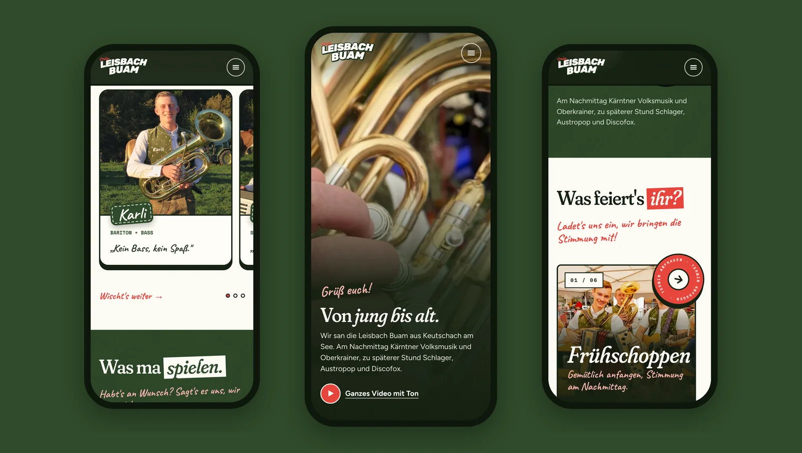 Website auf drei Smartphones: die drei, Startseite und Musikrichtungen
