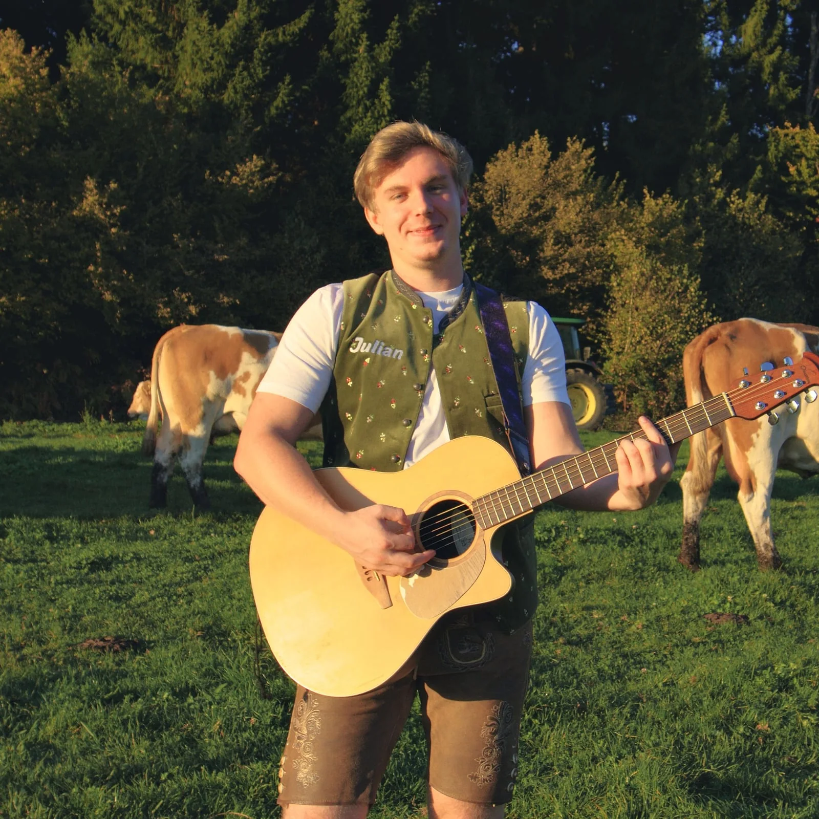 Julian mit der Gitarre auf der Weide