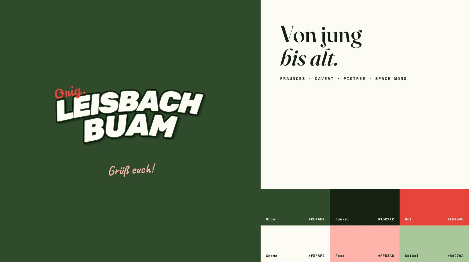 Logo Orig. Leisbach Buam auf Grün, daneben Schriften und Farben