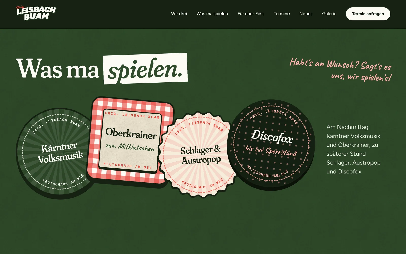 Website: Was ma spielen, vier Musikrichtungen als Bierdeckel