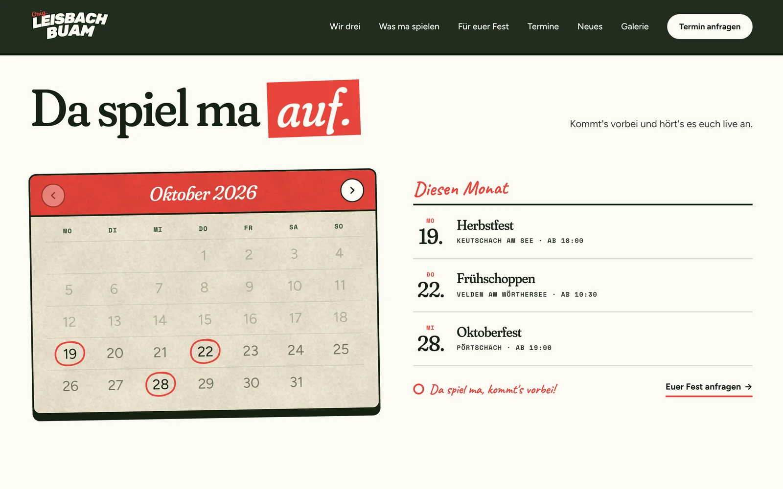 Website: Da spiel ma auf, Kalender mit den nächsten Auftritten