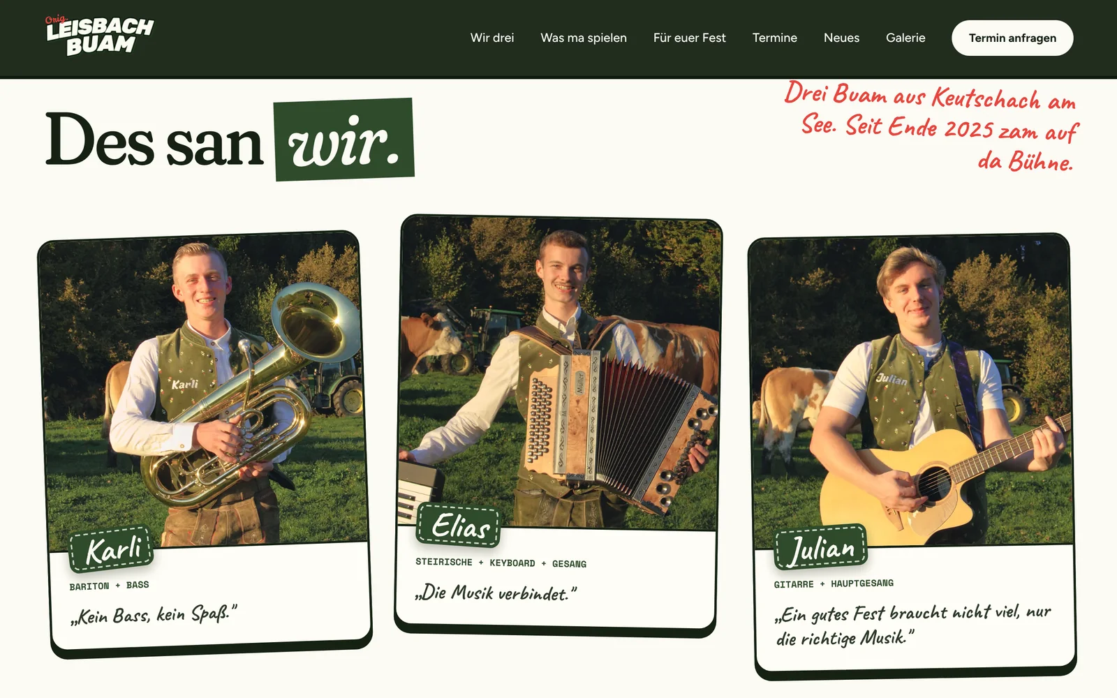 Website: Des san wir, die drei als Karten mit Instrument und Spruch