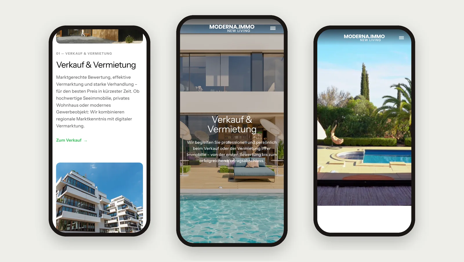 Website auf drei Smartphones: Leistungen, Verkauf und Startseite