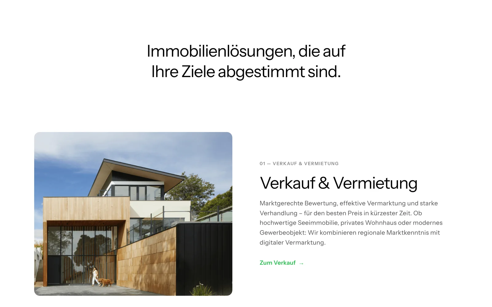 Startseite: Verkauf und Vermietung mit Bild und kurzem Text
