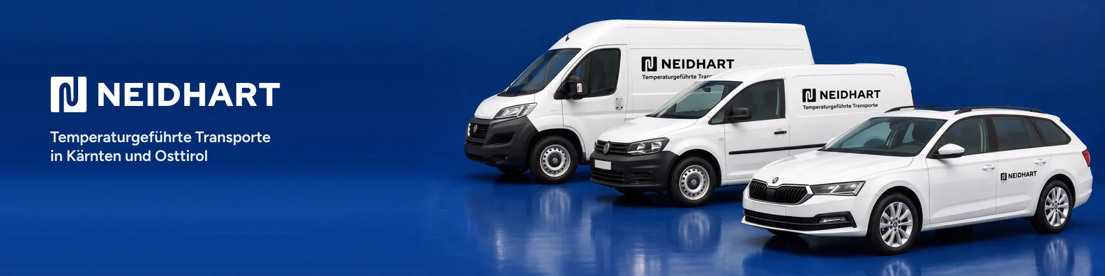 Die Neidhart Flotte: Fiat Ducato, VW Caddy und Skoda Octavia Kombi mit Beschriftung auf Blau