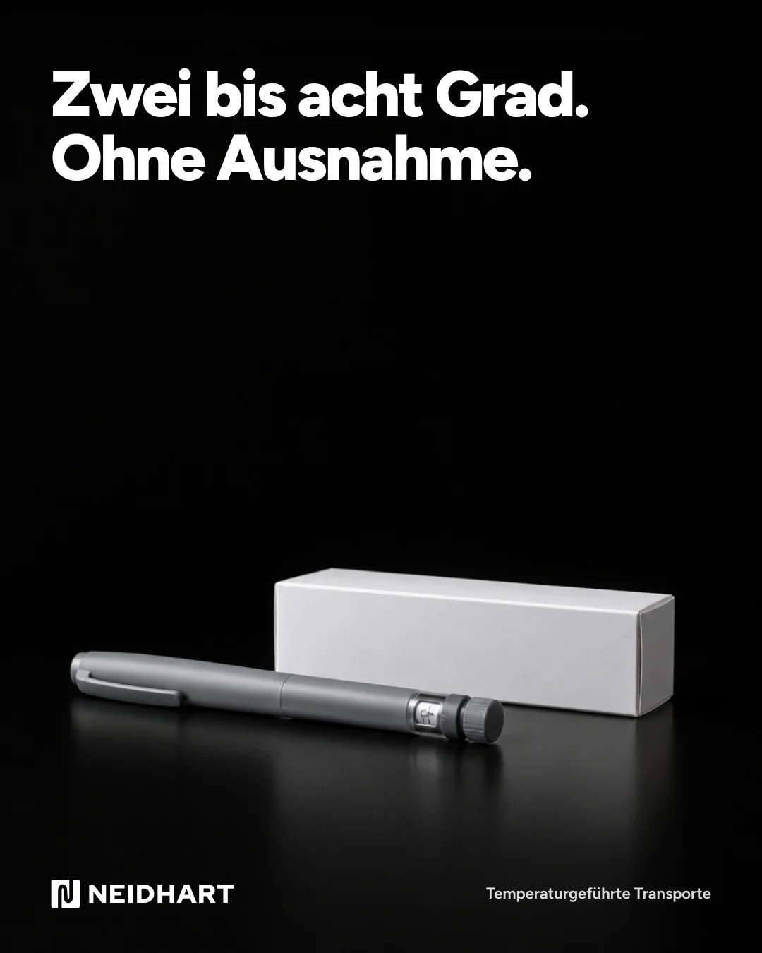 Post: Zwei bis acht Grad. Ohne Ausnahme. Insulinpen auf Schwarz