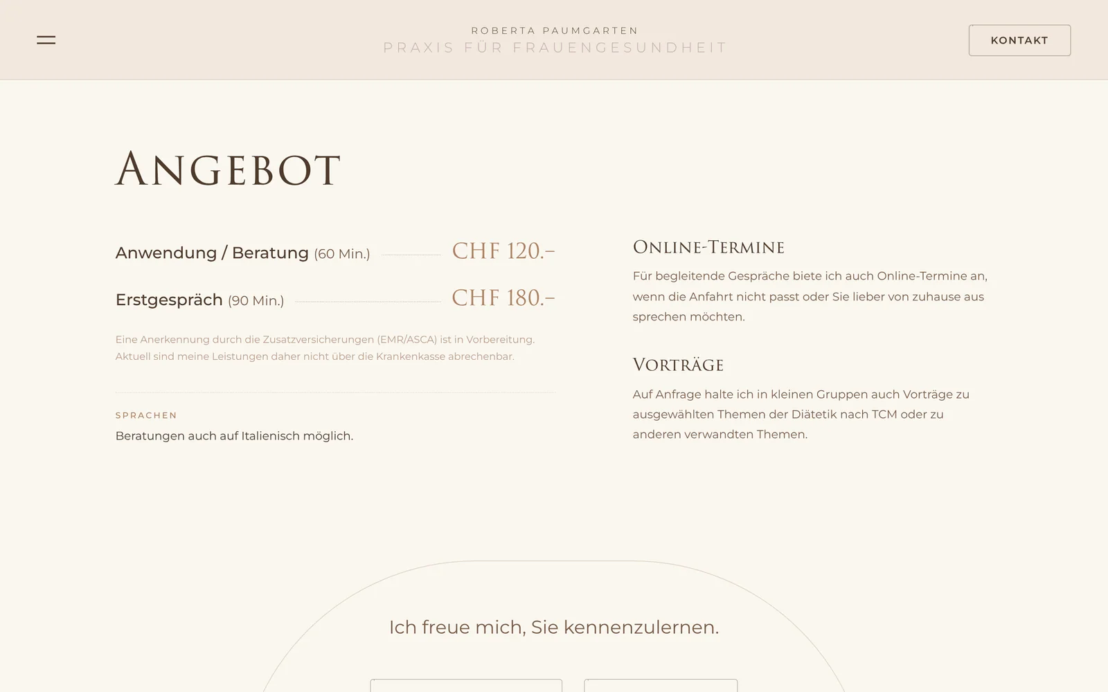 Startseite: Angebot mit Preisen, Online-Terminen und Vorträgen