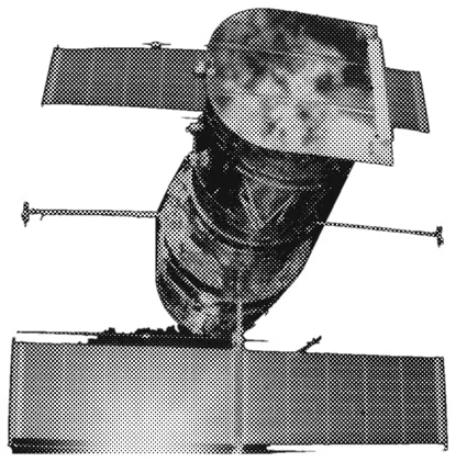 Sticker eines echten Satelliten im Rasterdruck, mit zwei Solarflügeln